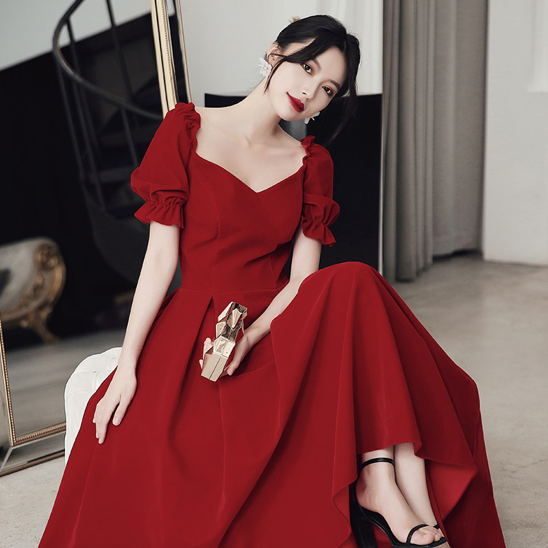 Pregnant woman toast dress Bride high waist belly cover wine red back door dress large size fat mm engagement dress thin summer woman