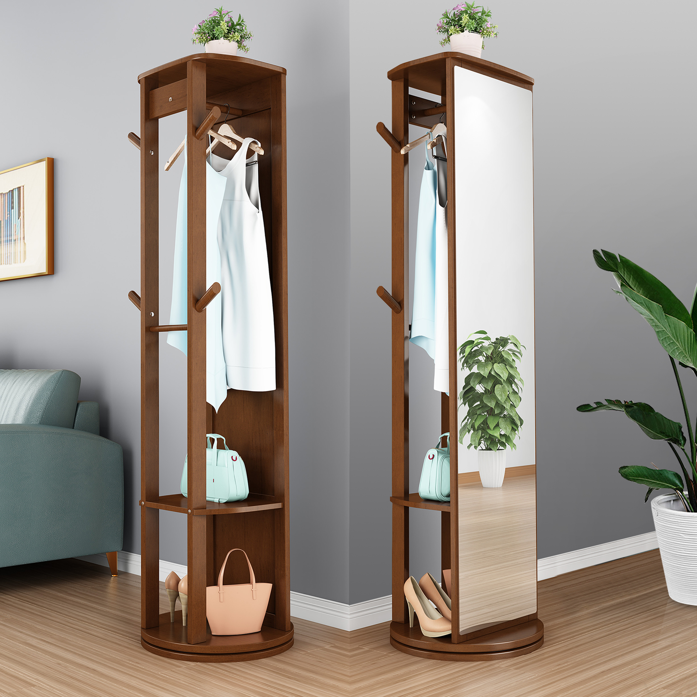 Dressing mirror full body mirror floor mirror solid wood home vertical hanger integrated bedroom multi-function rotating fitting mirror