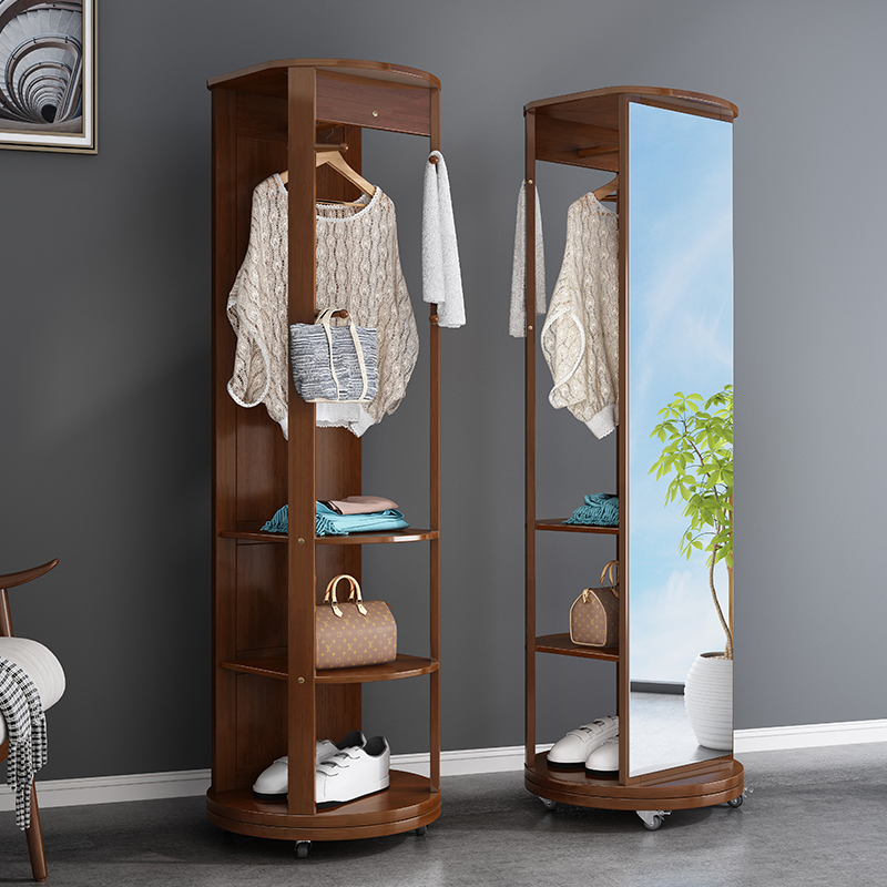 Hanger floor bedroom coat rack solid wood household shelf movable rotating full-body mirror hanger one