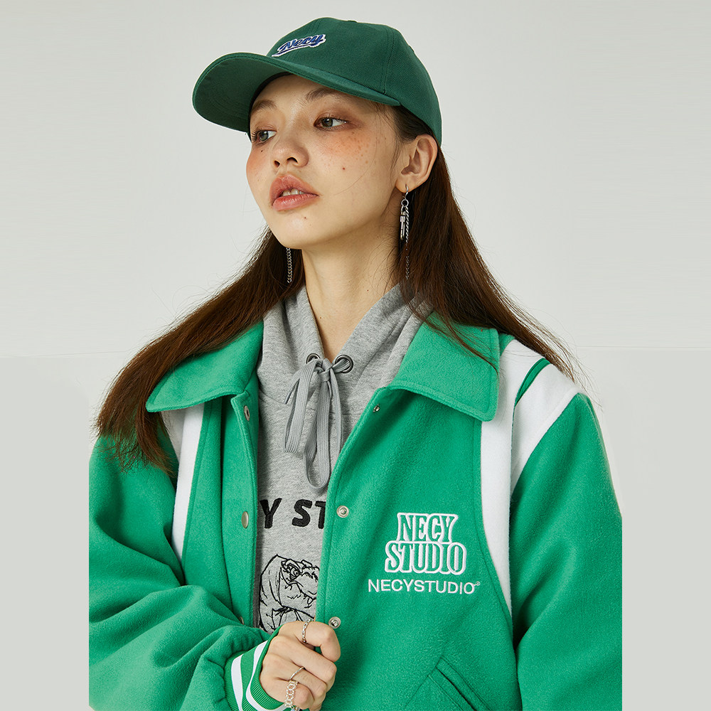 NECY campus style woolen green embroidered baseball jacket female couple trend hip-hop street loose jacket autumn and winter