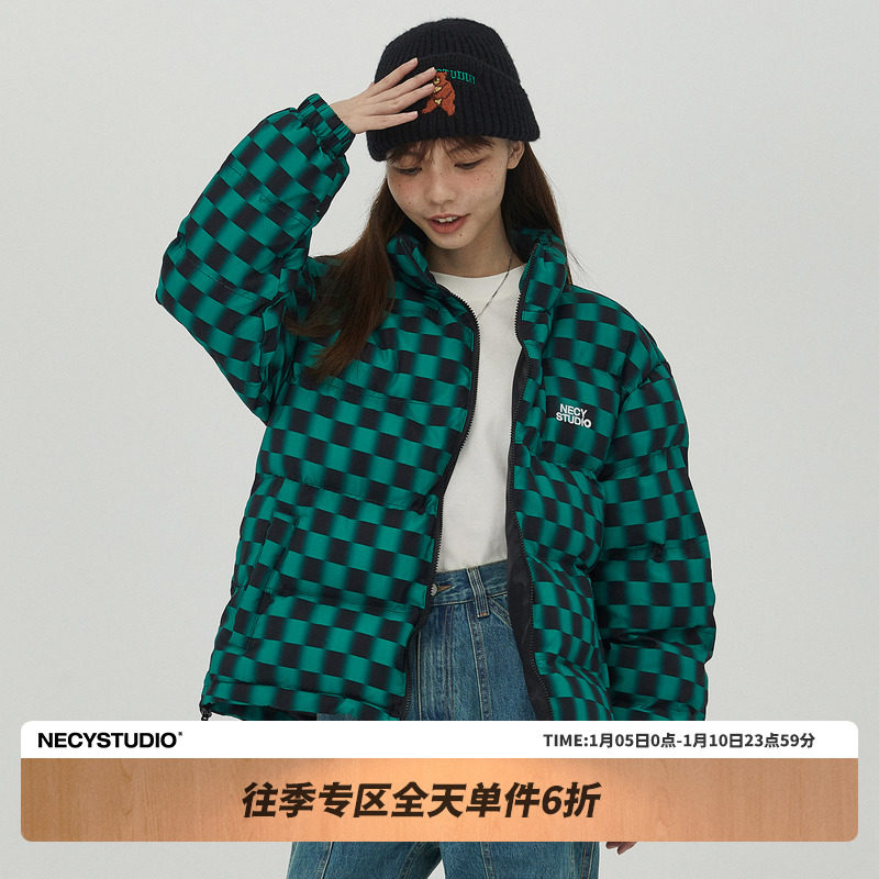 NECY Winter Phantom Chessboard Plaid Cotton Clothes Female Couple Trendy Brand Street Hip Hop Loose Retro Stand Collar Jacket