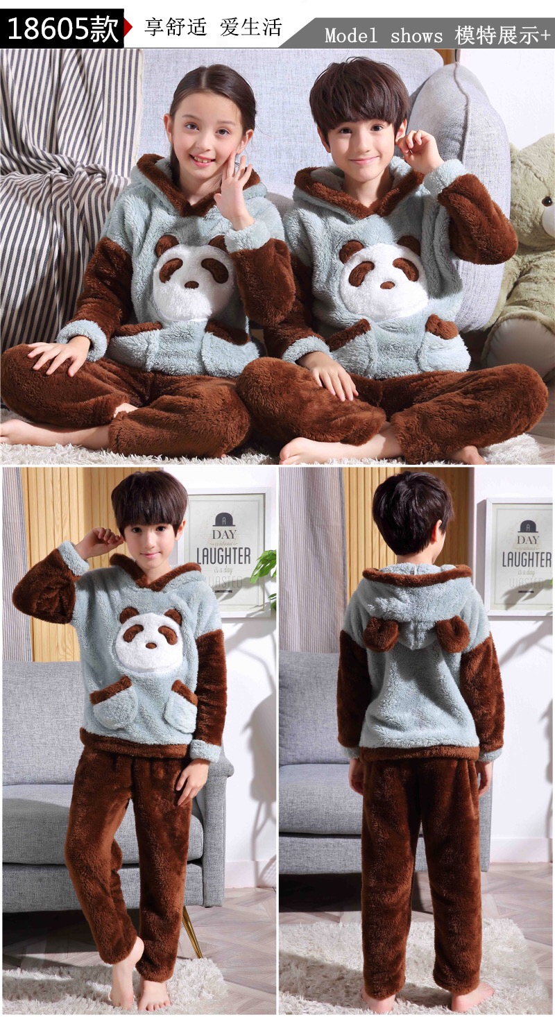 Đồ ngủ trẻ em dày flannel bé trai và bé gái 3 bé gái dày mùa đông trong bé trai lớn 12 tuổi 15 xuân và thu đồ ngủ họa tiết phim hoạt hình
