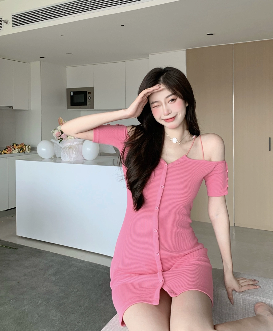 Mùa hè sexy váy cổ một đường nữ sinh viên lưng cao ngắn tay ngắn tay ngắn một dòng váy ngắn - A-Line Váy