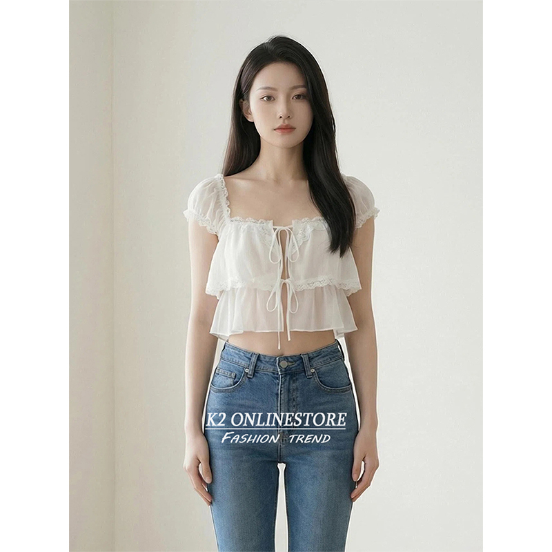 K2 Onlinestore Pure Desire Style Lace Trim Tie Short Sleeve Shirt for Women, White Sheer Slimming Top