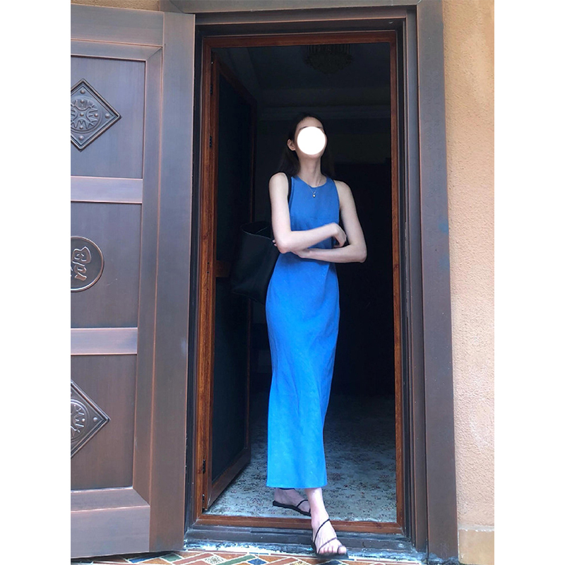 K2 Onlinestore French Retro Blue Minimalist Style Dress for Women, Summer Waist-Cinching Slit Bodycon Long Dress K2 Onlinestore French Retro Blue Minimalist Style Dress for Women, Summer Waist-Cinching Slit Bodycon Long Dress