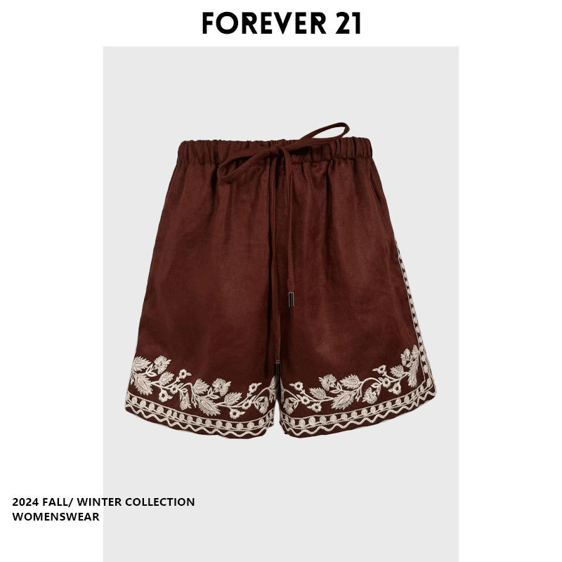[in Stock] Forever 21 New Chinese Style High-Waisted Straight Embroidered Shorts for Women 2026 Drawstring A-Line Shorts