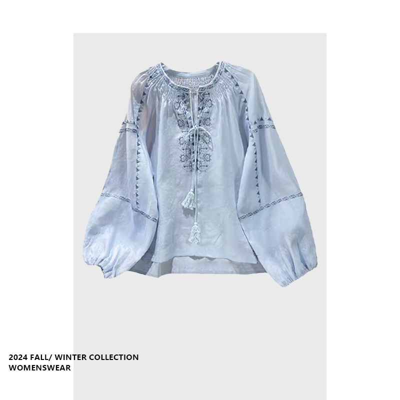Forever 21 Ethnic Style Tassel Tie Embroidered Shirt for Women, New Summer French Resort Style Casual Top