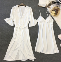 Sleeping Skirt Woman 2022 Summer Ice Silk Thin sexy lace V tie chest cushion for body sling Sleeping robe Two sets