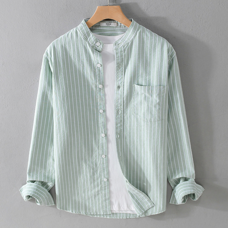 和風の爽やかなストライプ柄長袖シャツ、メンズ春秋用トップス、襟なしシャツ、文学的でカジュアルな純綿ラウンドネックシャツ。