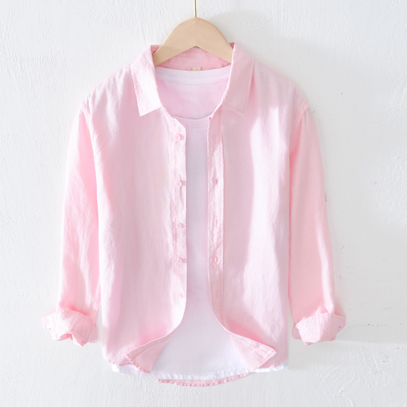 Fresh and Simple Pink Pure Linen Long-Sleeved Shirt for Men, Spring and Summer Thin Shirt Jacket Made of Cotton and Linen Fabric