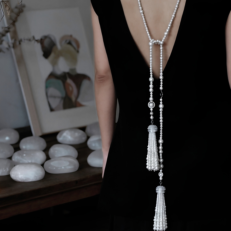 Pearl Strings, Heavy Vintage Style, Antique White Moonlight Show Model, Gatsby-Style Extra-Long Necklace Pearl Strings, Heavy Vintage Style, Antique White Moonlight Show Model, Gatsby-Style Extra-Long Necklace