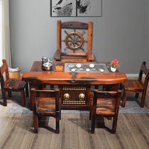 Old ship wood tea table and chair combination solid wood coffee table Kung Fu tea table balcony outdoor tea table antique Chinese leisure table