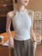 White Halter Neck Camisole for Women, Summer Outerwear with Built-In Bra Pads, Integrated Beautiful Back Design, Knitted Sleeveless Base Layer Top