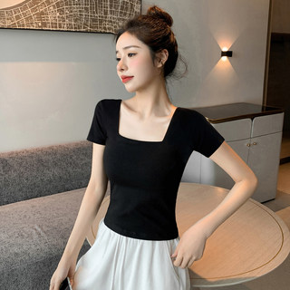 黑色方领短袖t恤女2026新款夏季正肩体恤打底衫高腰短款紧身上衣