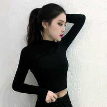 Black short coat women autumn and winter long sleeve high waist T-shirt navel small tight semi-high collar base shirt spring