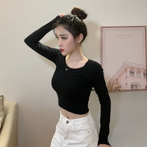 Short bottoming shirt women's long sleeve high waist navel tight T-shirt 2020 autumn and winter black round neck casual thin coat