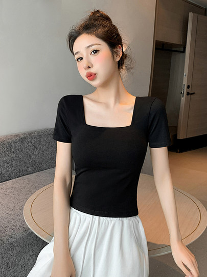 Черная женская футболка с квадратным вырезом и коротким рукавом, новинка лета 2026, стандартный крой плеча, базовая модель, укороченный облегающий топ с высокой талией.