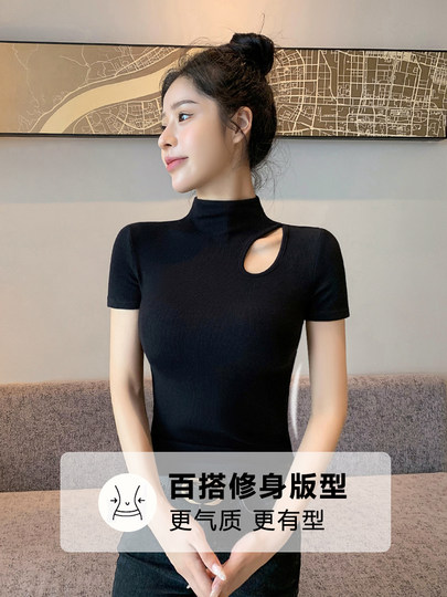 镂空黑色短袖t恤女2026新款正肩半高领紧身修身显瘦设计感上衣夏