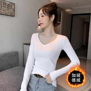 V-Neck White Base Shirt for Women, Autumn and Winter Inner Layer, Fleece-Lined, Thickened, Low-Neck, Long-Sleeved, Brushed, Warm, New Slim-Fit Top