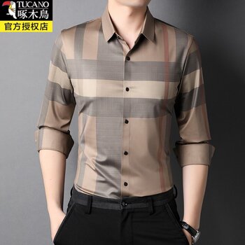 ເສື້ອ woodpecker plaid ຜູ້ຊາຍແຂນຍາວດູໃບໄມ້ລົ່ນຜູ້ຊາຍ seamless ແສງສະຫວ່າງ luxury ທີ່ບໍ່ແມ່ນທາດເຫຼັກຕ້ານ wrinkle ເສື້ອທຸລະກິດເສື້ອບາດເຈັບແລະ