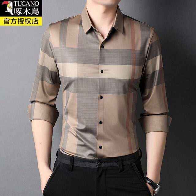 ເສື້ອ Woodpecker plaid ຜູ້ຊາຍແຂນຍາວດູໃບໄມ້ລົ່ນຜູ້ຊາຍ seamless ແສງສະຫວ່າງ Luxury ທີ່ບໍ່ແມ່ນທາດເຫຼັກຕ້ານ wrinkle ເສື້ອທຸລະກິດເສື້ອບາດເຈັບແລະ