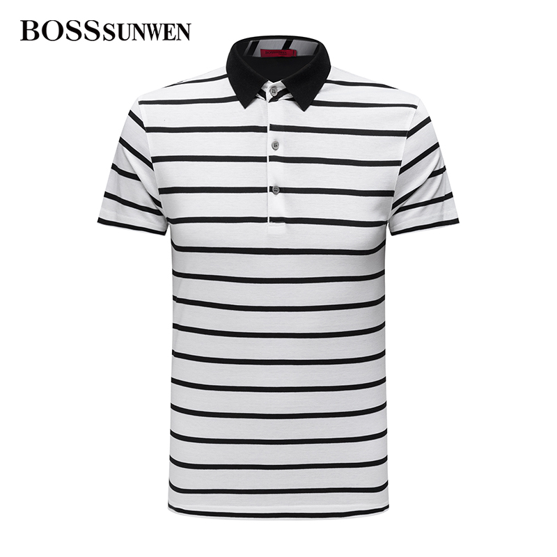 BOSSsunwen lapel striped short-sleeved t-shirt men 2021 summer new business casual mulberry silk polo shirt