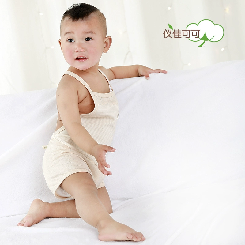 Cotton màu tự nhiên thậm chí quần chân bé cotton cotton mùa hè bé trai và bé gái thiếu quần áo mùa hè - Áo liền quần