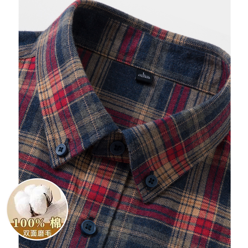 Popular Pure Cotton Brushed Long-Sleeved Shirt for Men in Autumn and Winter, Business Casual Plaid Easy-Care Cotton Shirt for Young and Middle-Aged People