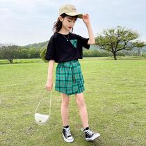 Girls Summer Fashion Cool Skirt 2021 New Korean Edition Medium Big Boy Girl Short Sleeve Top Check Skirt Set