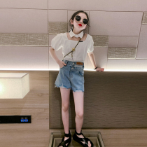 Korean girl set summer thin fried street childrens clothing womens new puff sleeve top denim shorts two-piece