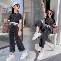 Korean Girl Bright Silk Navel Set Summer 2021 New Zhongda Kids Super Cool Internet Red Wide Leg Pants Two-Piece