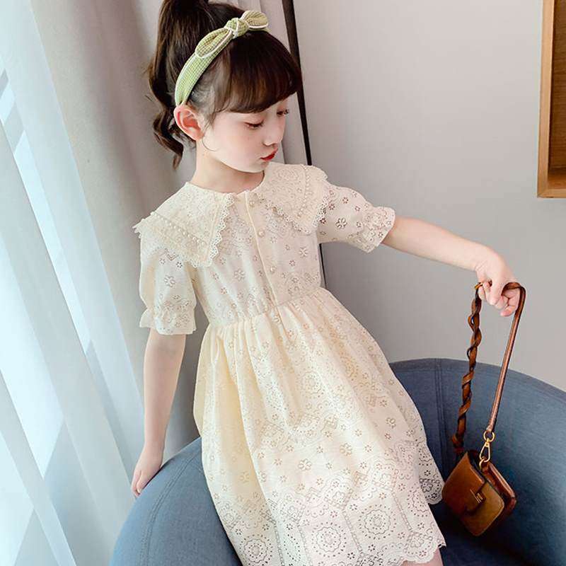 Korean girls dress 2021 new summer beige children's lace Western style fashion little girl princess dress