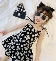 Korean girl floral slip dress 2021 summer new kids princess dress baby beach skirt backless dress