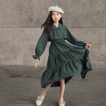Korean girl autumn winter dress 2022 new waist cinched childrens princess skirt foreign style in big boy long skirt college style