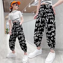 Korean girl trend short sleeve set 2021 fried street childrens womens summer thin chiffon high-waisted monogram slacks