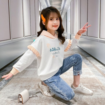 Korean girls autumn and winter internet celebrity set 2021 new hooded sweatshirt medium big childrens jeans casual two-piece trend