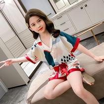 Korean girl ice silk thin pajamas 2021 new childrens summer casual fashion in the big childrens cotton home clothes