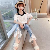 Korean girl fake two off-the-shoulder top in big childrens summer dress girl lace paneled lace jeans two-piece set
