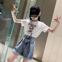 Korean girl fried street childrens clothing set 2021 summer new mid-university childrens internet celebrity girl denim shorts two-piece set