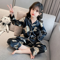 Korean girl ice silk pajamas thin Korean version of big childrens air conditioning clothes little girl summer loungewear set