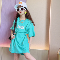 Korean girl tunic t-shirt dress 2021 new summer Korean version girl big boy yang yang kids waist skirt