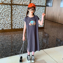 Korean girl side split dress summer dress 2021 new Korean version of big boy little girl long solid color skirt