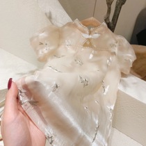 Korean girl pearl button puff sleeve cheongsam high-end summer dress new childrens Chinese style heavy industry embroidered dress