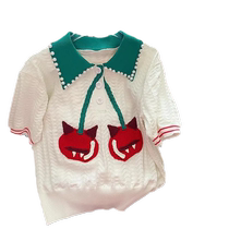 White short-sleeved wool sweater for women summer new style contrasting polo collar beaded chic slim fit short bottoming shirt top