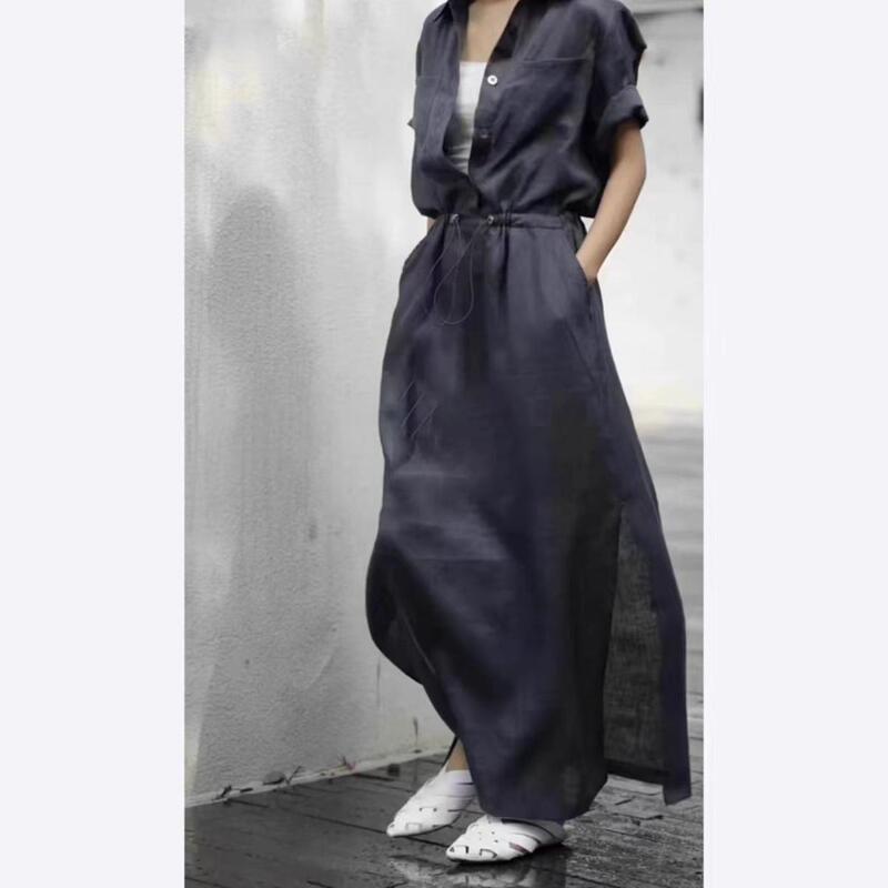 Pure Shiman's New Cotton and Linen Shirt Dress for Women, Korean Style Drawstring Design, Fashionable Thin Straight Slit Long Skirt Pure Shiman's New Cotton and Linen Shirt Dress for Women, Korean Style Drawstring Design, Fashionable Thin Straight Slit Long Skirt