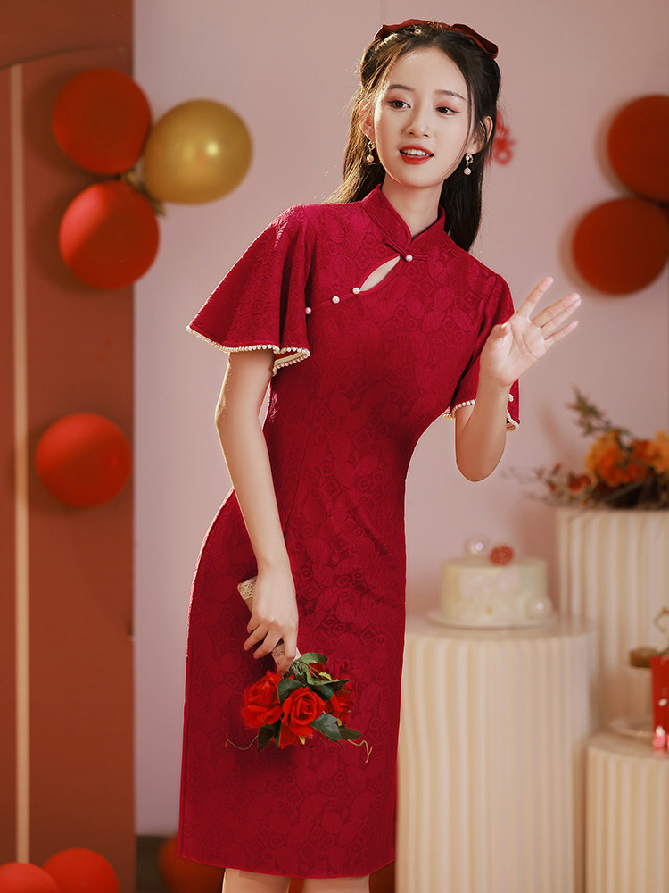 fitted lace wedding dress Chloe Bespoke Dress | Modern Red Lace Cheongsam
