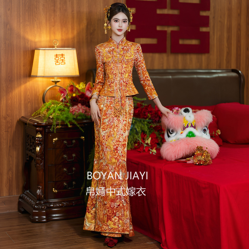 Golden Dragon and Phoenix Gown 2026 New Slim-Fit Toast Dress High-End Bridal Dress Xiuhe Dress Fishtail Wedding Dress for the Bride's Departure from Her Home and for the Groom's Pick-Up of the Bride Golden Dragon and Phoenix Gown 2026 New Slim-Fit Toast Dress High-End Bridal Dress Xiuhe Dress Fishtail Wedding Dress for the Bride's Departure from Her Home and for the Groom's Pick-Up of the Bride