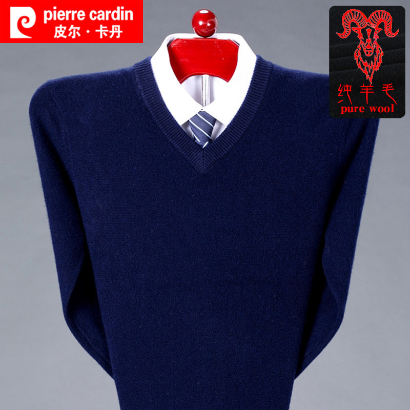 Pierre Cardin Winter High-End Men's V-Neck Pure Wool Sweater, Thick Knitted Solid Color Sweater for Middle-Aged Men