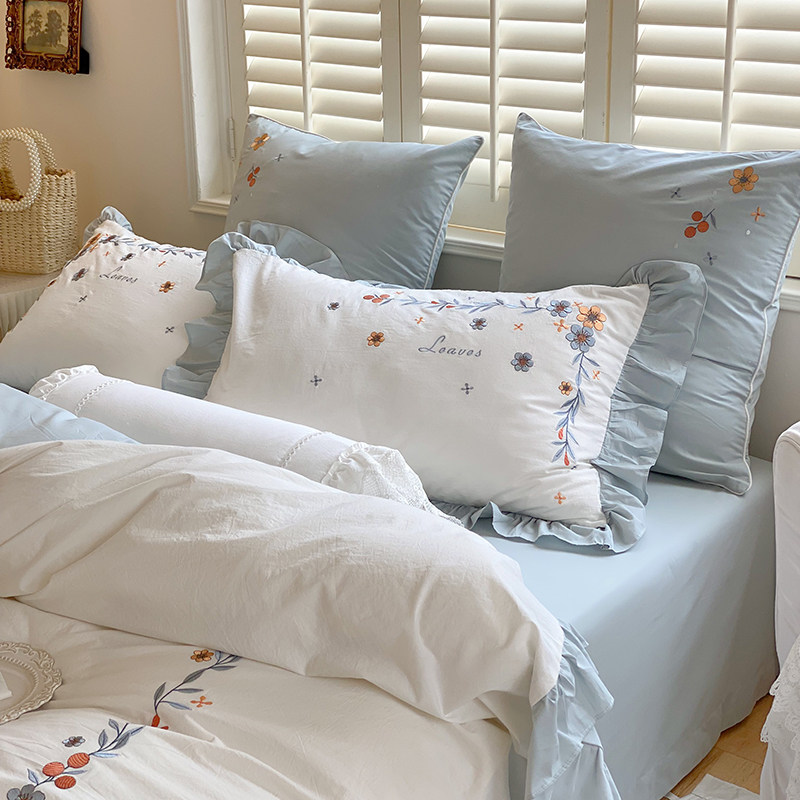 Han Style Teenage Girl Hearts All Cotton Washed Cotton Four Sets Lace Lace Embroidery Quilt Cover Pure Cotton Princess Wind Nude Sleeping Bed Bedding