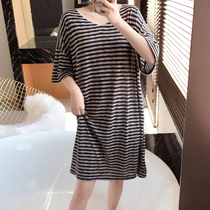 Nightdress womens summer fat mm plus fat plus size short-sleeved thin pajamas womens 200 catties striped ins loose can be worn outside